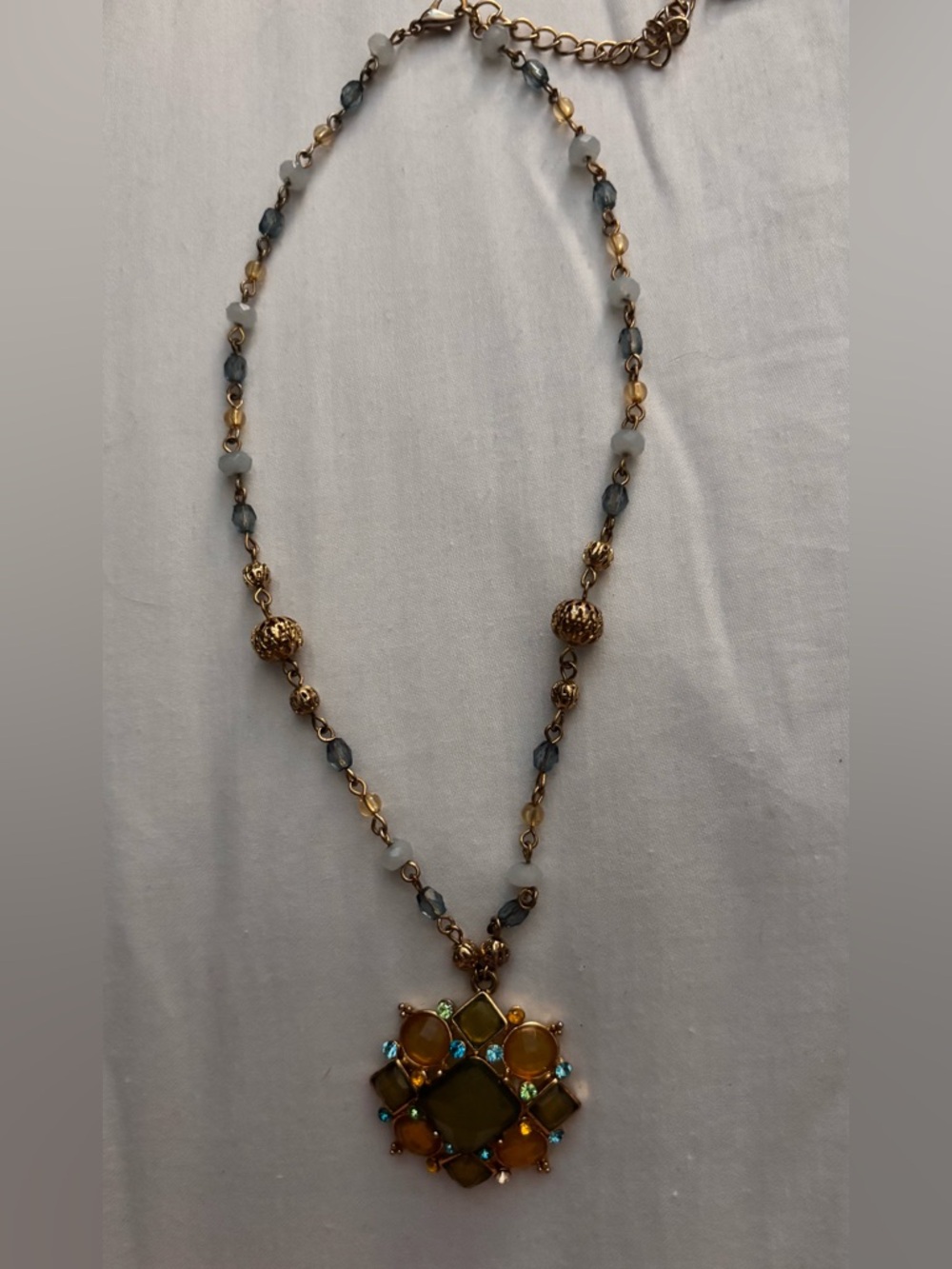 Vintage Bohemian Gold-Tone Multi-Stone Medallion Necklace in Amber and Gray